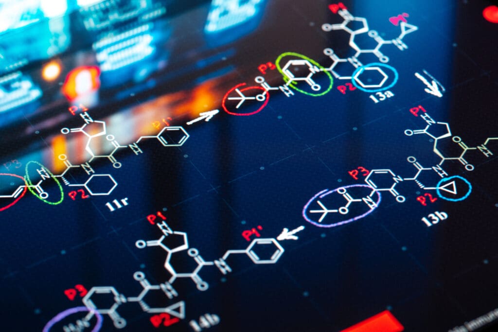 Digital display of molecular structure diagrams and chemical compounds for laboratory research analysis.