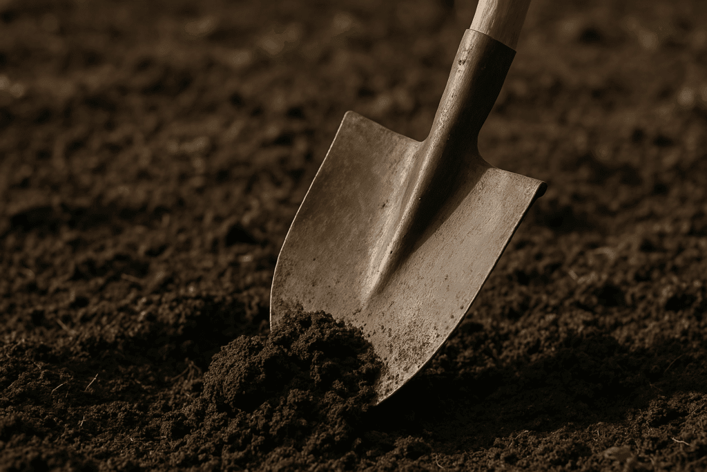 Shovel in soil for environmental sampling and site investigation work.